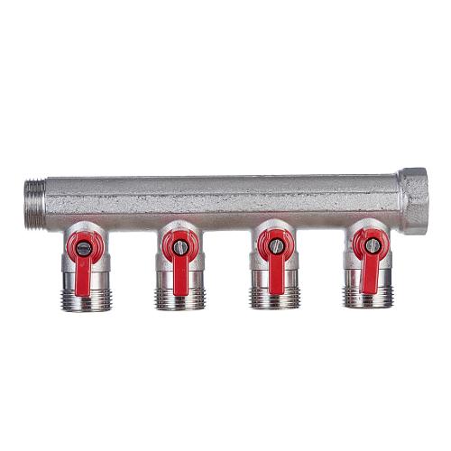 Henco Коллектор 1" с красными шаровыми кранами, 3/4"НР под евроконус, 1" - 4xEK14,16,18,20