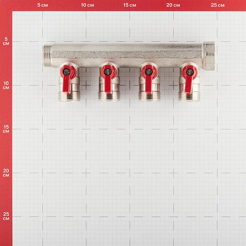 Henco Коллектор 1" с красными шаровыми кранами, 3/4"НР под евроконус, 1" - 4xEK14,16,18,20