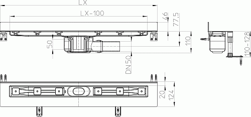 HL 50W.0/100 Угловой душевой лоток общей длиной 1000 мм без решётки